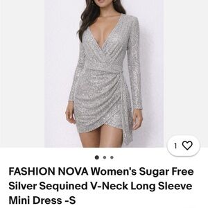 Fashion Nova Silver Sequin V-Neck Long Sleeve Mini Dress